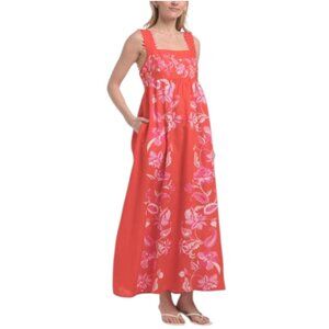 LEA Linen Blend Sleeveless Placed Floral Maxi Dress